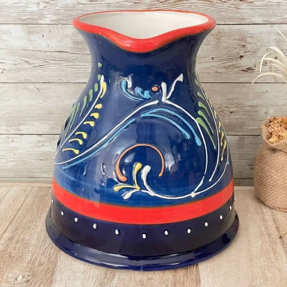 NWT Cerámicas Anoru S.L. Blue Red Hand Painted Ceramic Pitcher Made in Spain